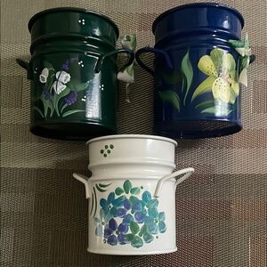 Set of Three Floral Painted Metal Buckets.